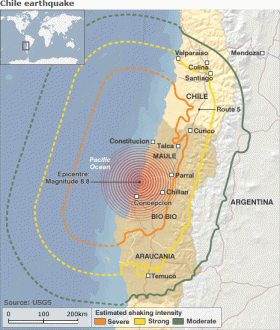 Områden som drabbades av jordbävningen den 27 februari.